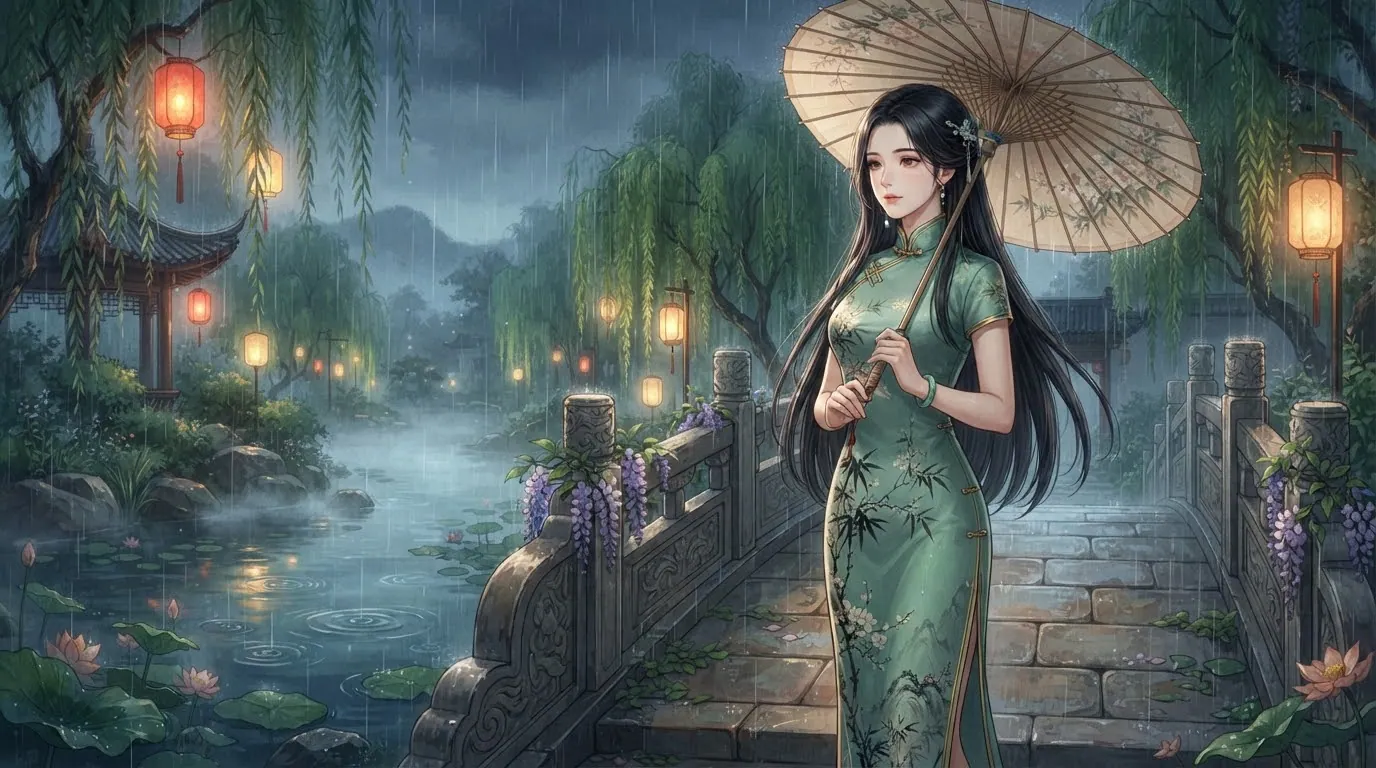 长发女子身着青玉色旗袍，撑纸伞站在灯笼与垂柳环绕的雨中石桥上